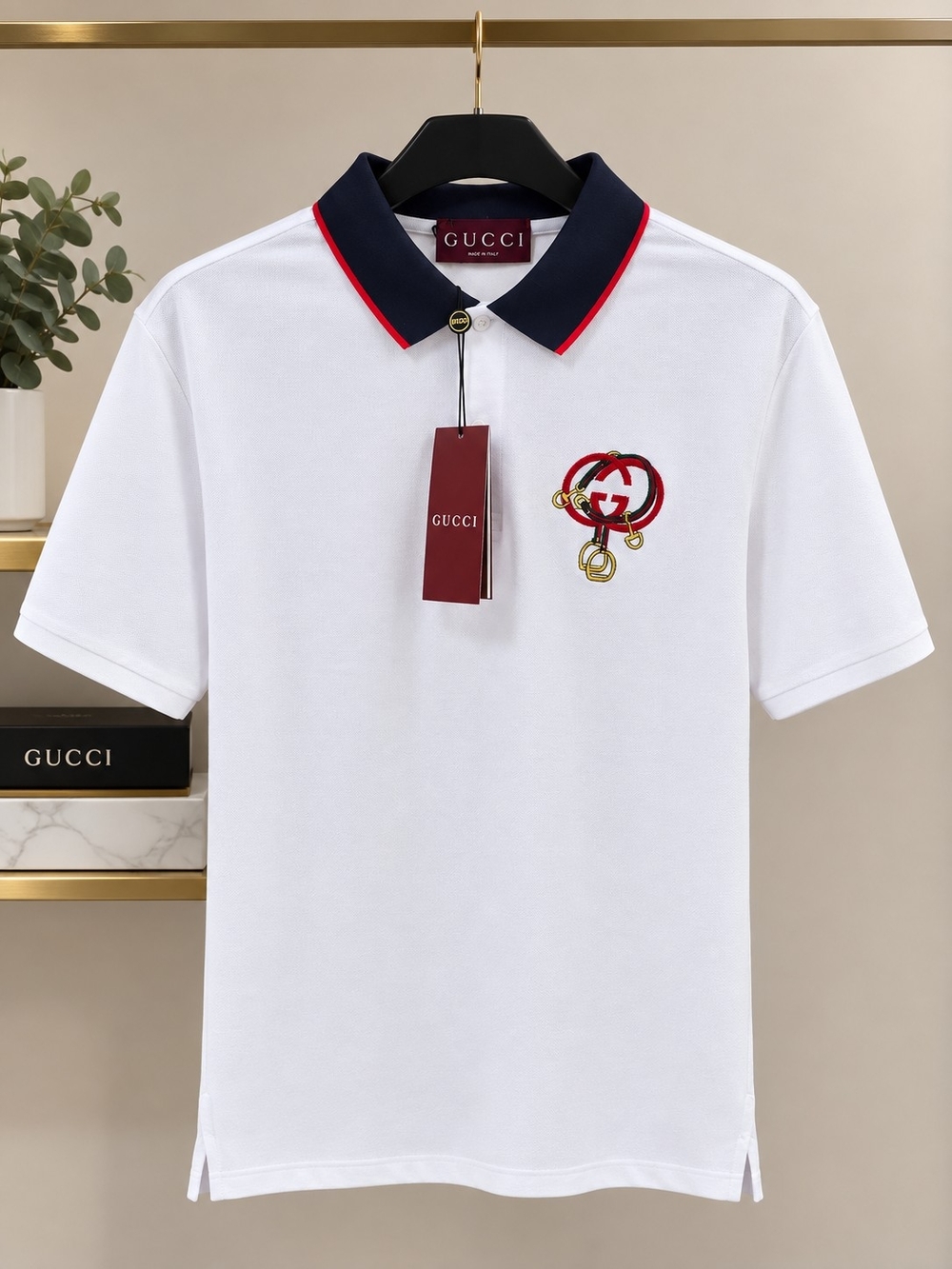Gucci White Polo with Navy Collar and Red Trim